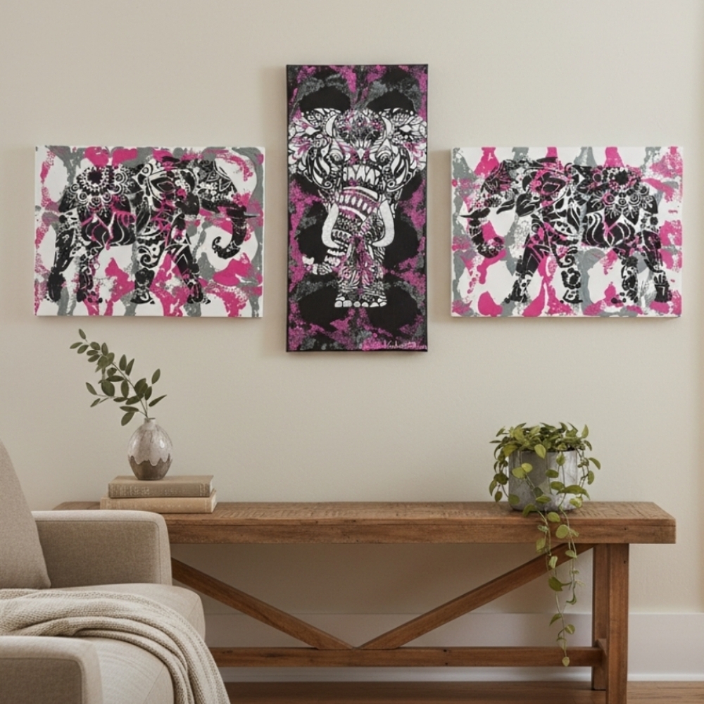 3 HANDCRAFTED Abstract Elephant Paintings HANDPAINTED Wall Art Decor HANDMADE